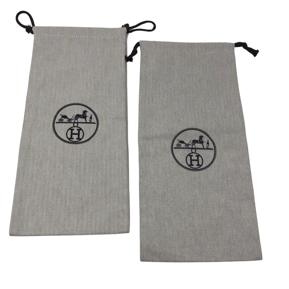 Hermes Dust Bag Set Beige Herringbone Drawstring Logo 2pc